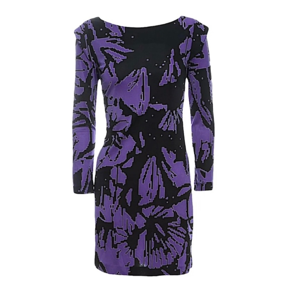 Tibi Black Purple Geometric Silk Puff Sleeve Mini Dress